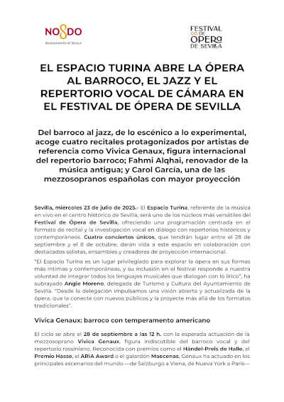 El Espacio Turina abre la ópera al barroco, al jazz y el repertorio vocal de cámara en el Festival de Ópera de Sevilla