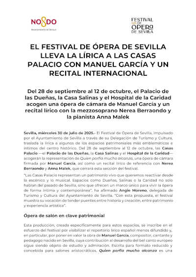El Festival de Ópera de Sevilla lleva la lírica a las Casas Palacio con Manuel Grarcía y un recital internacional