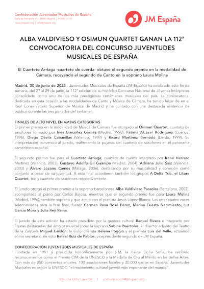 Alba Valdivieso y Osimun Quartet ganan la 112ª Convocatoria del Concurso Juventudes Musicales de España