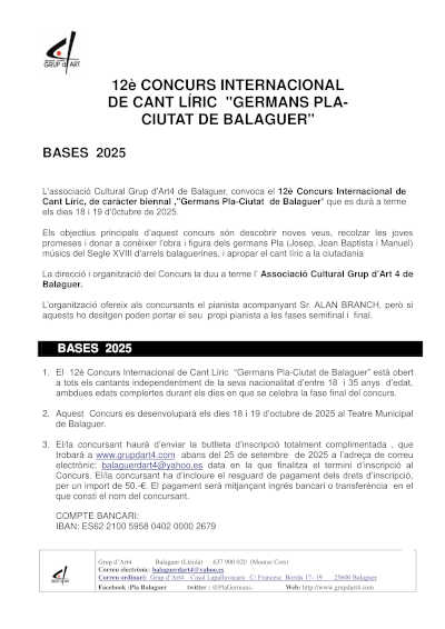 Abierta la convocatoria del 12º Concurso Internacional de Canto Lírico «Germans Pla-Ciutat de Balaguer»