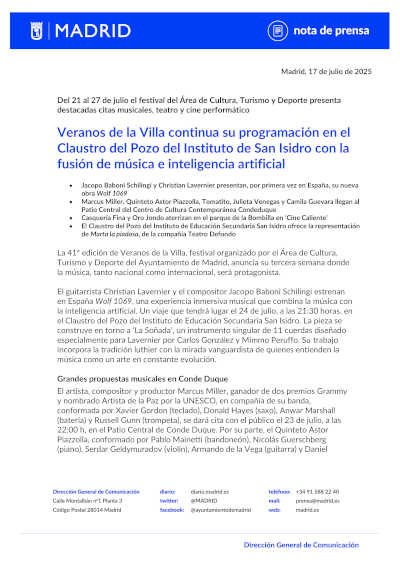 Veranos de la Villa continúa su programación en el Claustro del Pozo del Instituto de San Isidro