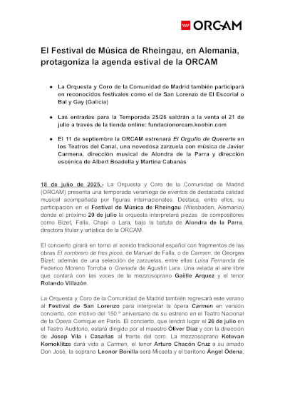 El Festival de Música de Rheingau, en Alemania, protagoniza la agenda estival de la ORCAM