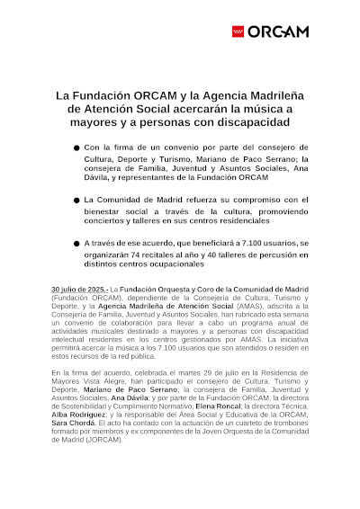 La Fundación ORCAM y la Agencia Madrileña de Atención Social acercarán la música a mayores ya personas con discapacidad
