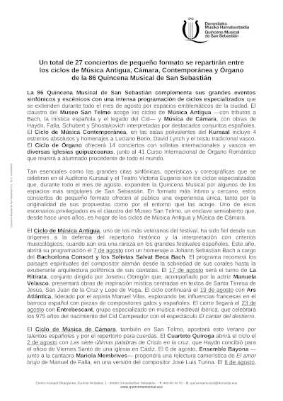 27 conciertos de pequeño formato se repartirán entre ciclos en la 86 Quincena Musical de San Sebastián