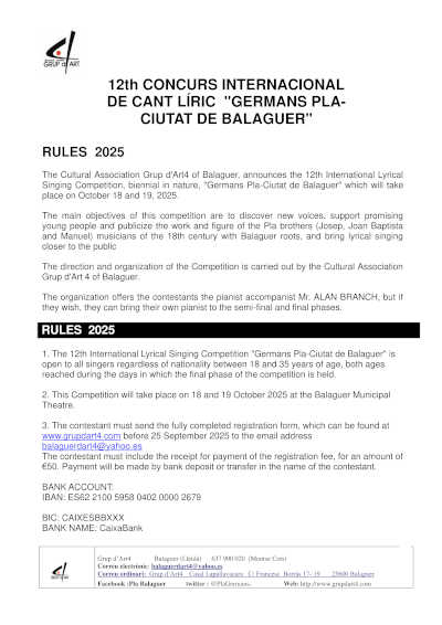 Abierta la convocatoria del 12º Concurso Internacional de Canto Lírico «Germans Pla-Ciutat de Balaguer»