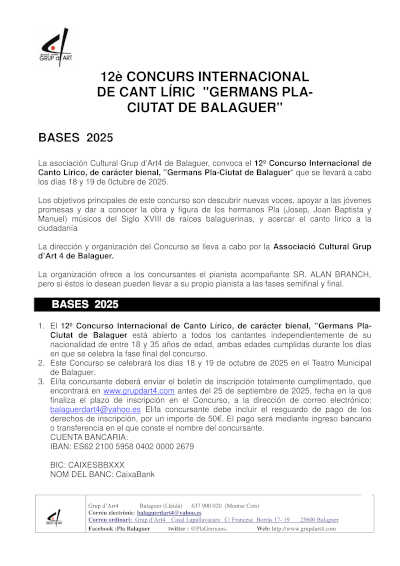 Abierta la convocatoria del 12º Concurso Internacional de Canto Lírico «Germans Pla-Ciutat de Balaguer»