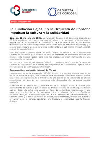 La Fundación Cajasur y la Orquesta de Córdoba impulsan la cultura y la solidaridad