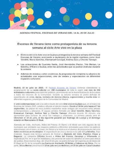 Escenas de Verano tiene como protagonista de su tercera semana al ciclo Arte vivo en la plaza