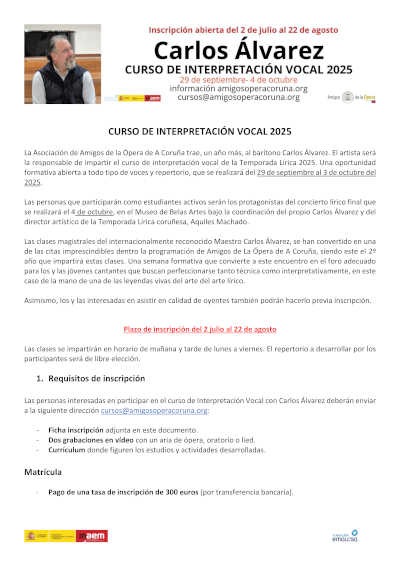 Amigos de la Ópera abre el plazo de inscripción para el curso de interpretación vocal con el barítono Carlos Álvarez