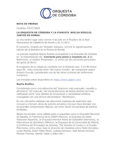 La Orquesta de Córdoba y la pianista Noelia Rodiles, juntos en Ronda