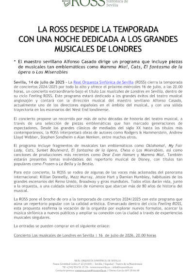 La ROSS despide la temporada con una noche dedicada a los grandes musicales de Londres