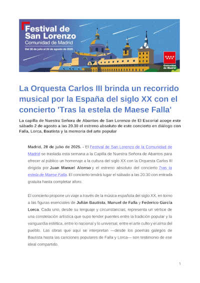 La Orquesta Carlos III brinda un recorrido musical por la España del siglo XX con el concierto «Tras la estela de Maese Falla»