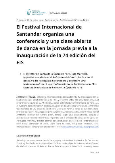 El Festival Internacional de Santander organiza una conferencia y una clase abierta de danza en la jornada previa a la inauguración