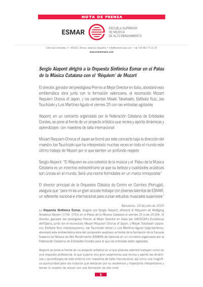 Sergio Alapont dirigirá la Orquesta Sinfónica Esmar en el Palau de la Música Catalana con el «Réquiem» de Mozart