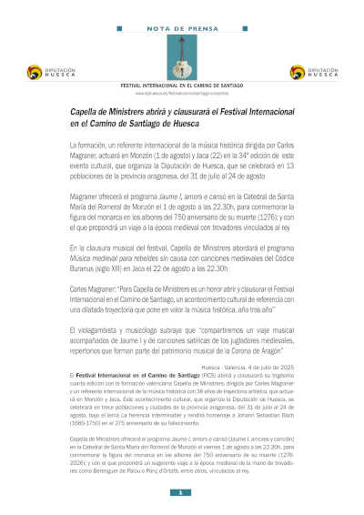 Capella de Ministrers abrirá y clausurará el Festival Internacional en el Camino de Santiago de Huesca
