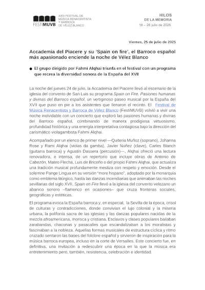 Accademia del Piacere y su «Spain on fire», el Barroco español más apasionado enciende la noche de Vélez Blanco