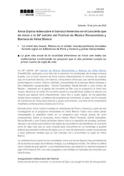 Anna Urpina y el barroco femenino en el inicio a la 24ª edición del Festival de Música Renacentista y Barroca de Vélez Blanco