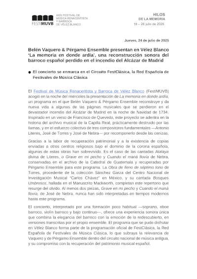 Belén Vaquero & Pérgamo Ensemble presentan en Vélez Blanco «La memoria en donde ardía»