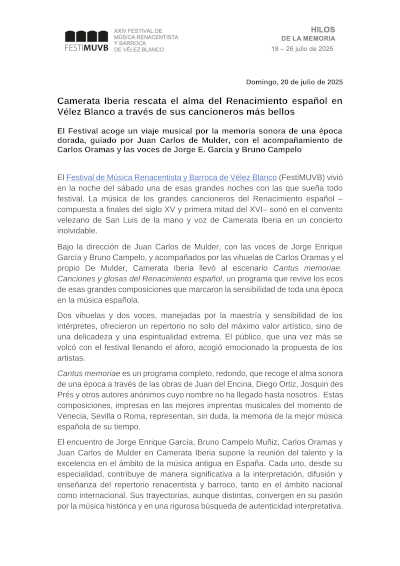 Camerata Iberia rescata el alma del Renacimiento español en Vélez Blanco a través de sus cancioneros más bellos