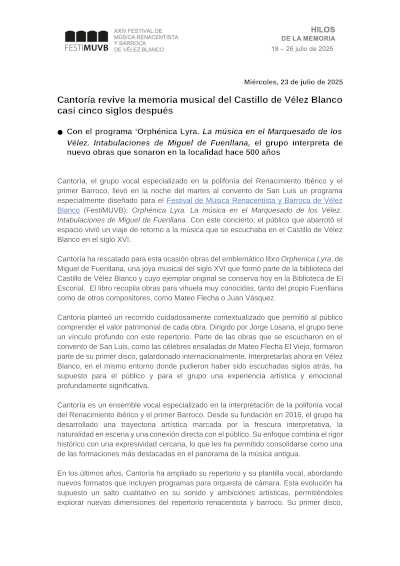 El Grupo Vocal Cantoría revive la memoria musical del Castillo de Vélez Blanco casi cinco siglos después