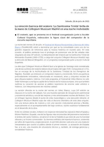 La emoción barroca del oratorio «La Santissima Trinità» brilla de la mano de Collegium Musicum Madrid