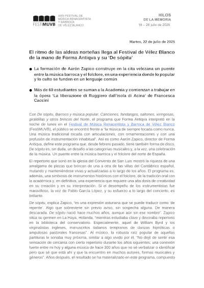 El ritmo de las aldeas norteñas llega al Festival de Vélez Blanco de la mano de Forma Antiqva y su «De sópitu»