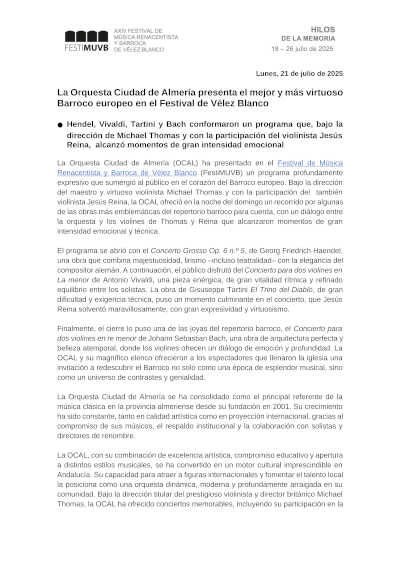 La Orquesta Ciudad de Almería presenta el mejor y más virtuoso Barroco europeo en el Festival de Vélez Blanco