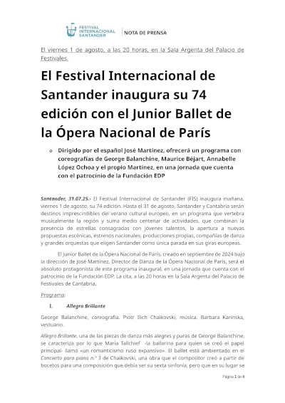 El Festival Internacional de Santander inaugura su 74 edición con el Junior Ballet de la Ópera Nacional de París