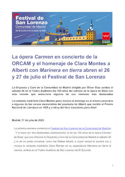 La ópera Carmen en concierto de la ORCAM y el homenaje de Clara Montes a Alberti en el Festival de San Lorenzo