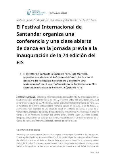 El Festival Internacional de Santander organiza conferencia y clase abierta de danza en la previa a la inauguración de esta edición