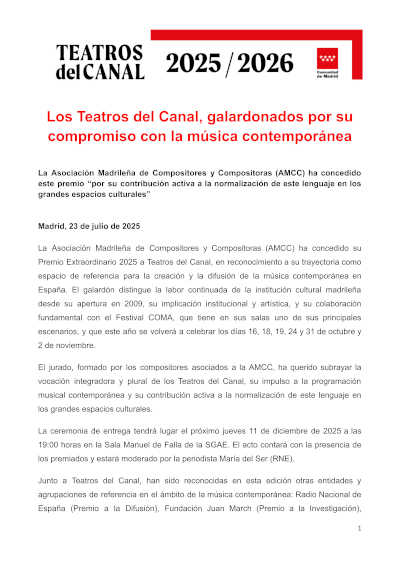Los Teatros del Canal, galardonados por su compromiso con la música contemporánea