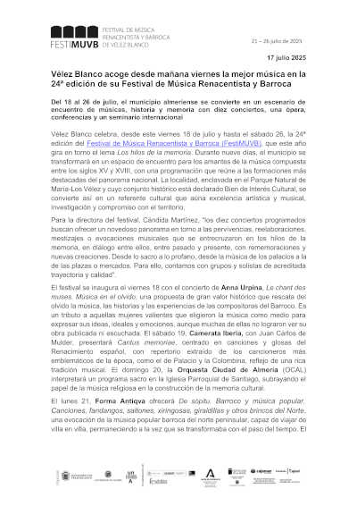 Vélez Blanco acoge desde desdel el viernes 18 de julio, la mejor música en la 24ª edición de su Festival de Música Renacentista y Barroca