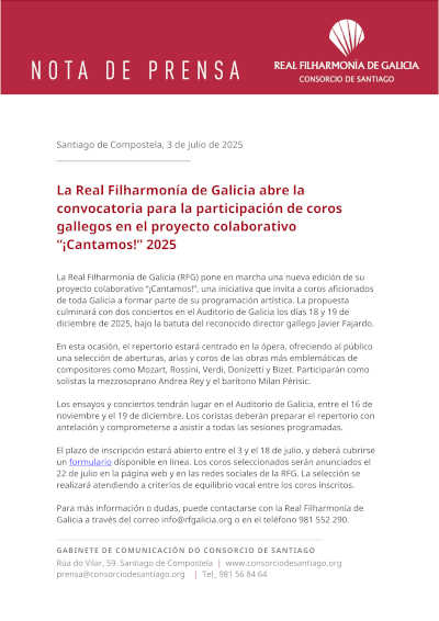 La Real Filharmonía de Galicia abre la convocatoria para la participación de coros gallegos