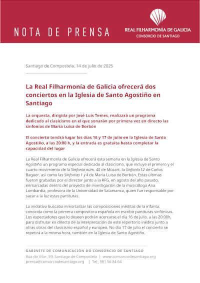 La Real Filharmonía de Galicia ofrecerá dos conciertos en la Iglesia de Santo Agostiño en Santiago