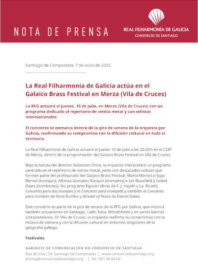 La Real Filharmonía de Galicia actúa en el Galaico Brass Festival en Merza (Vila de Cruces)