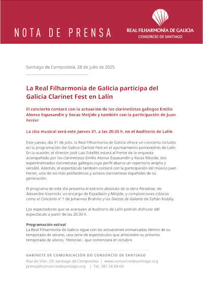 La Real Filharmonía de Galicia participa del Galicia Clarinet Fest en Lalín
