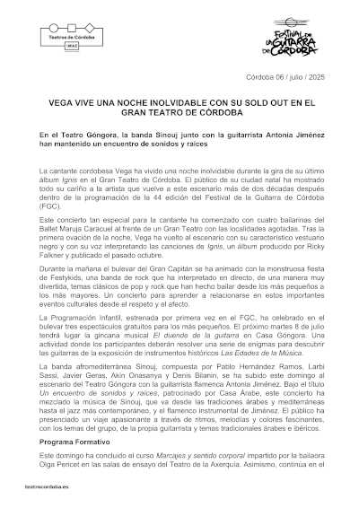 Vega vive una noche inolvidable con su sold out del Gran Teatro en el 44º Festival de la Guitarra de Córdoba