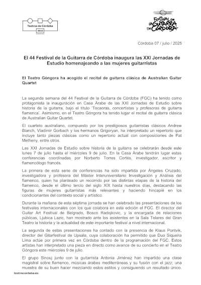 El 44 Festival de la Guitarra de Córdoba inaugura las XXI Jornadas de Estudio homenajeando a las mujeres guitarristas