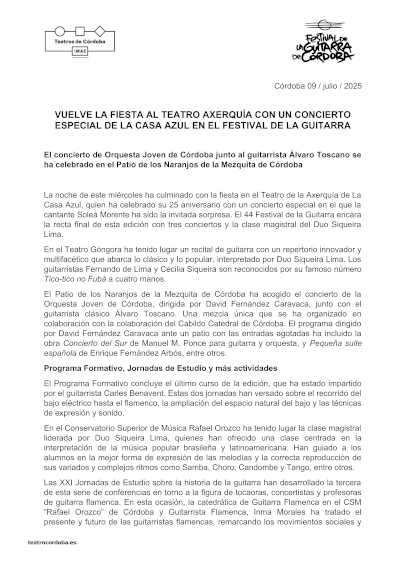 Vuelve la fiesta al Teatro Axerquía con un concierto especial de la Casa Azul en el 44º Festival de la Guitarra de Córdoba