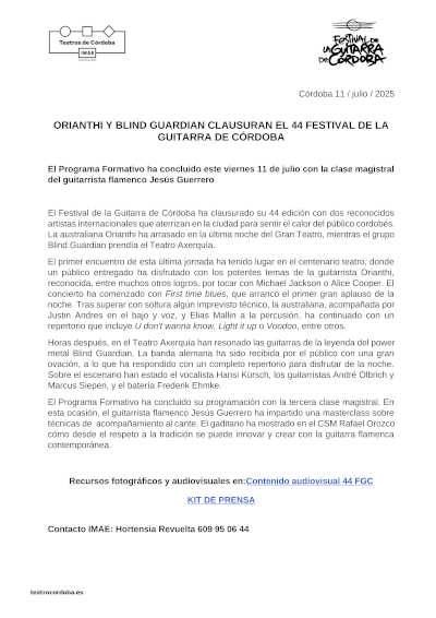 Orianthi y Blind Guardian clausuran el 44º Festival de la Guitarra de Córdoba