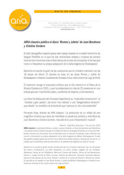 ARIA classics publica el disco «Romeo y Julieta» de Juan Barahona y Cristina Cordero