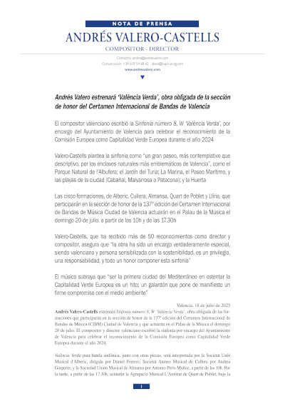 Valero-Castells estrenará «València Verda», obra obligada de la sección de honor del Certamen Internacional de Bandas de Valencia