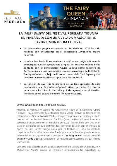 La «Fairy Queen» del Festival Peralada triunfa en Finlandia con una velada mágica en el Savonlinna Opera Festival