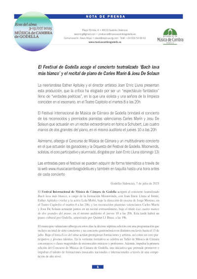 El Festival de Godella acoge el concierto teatralizado «Bach lava más blanco» y el recital de piano de Carles Marín & Josu De Solaun