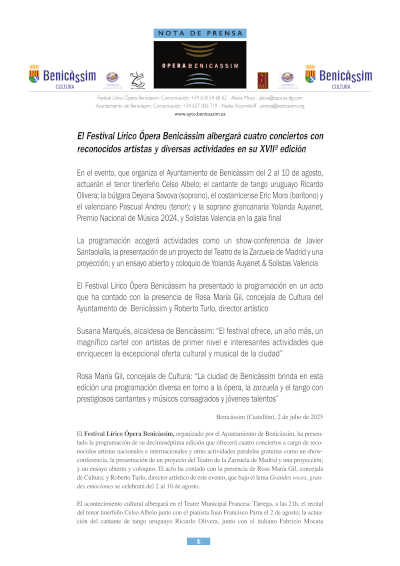 El Festival Lírico Ópera Benicàssim albergará cuatro conciertos con reconocidos artistas y diversas actividades en su XVIIª edición