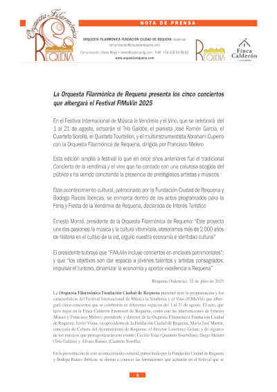 La Orquesta Filarmónica de Requena presenta los cinco conciertos que albergará el Festival FiMuVin 2025