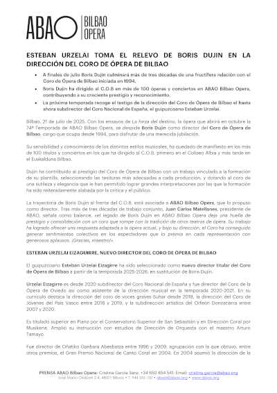 Esteban Urzelai toma el relevo de Boris Dujin en la dirección del Coro de la Ópera de Bilbao