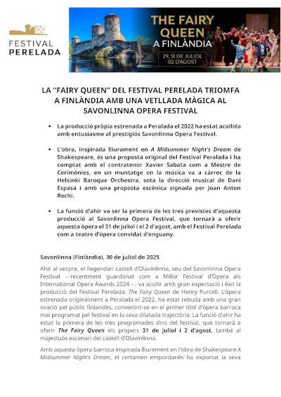 La «Fairy Queen» del Festival Peralada triunfa en Finlandia con una velada mágica en el Savonlinna Opera Festival