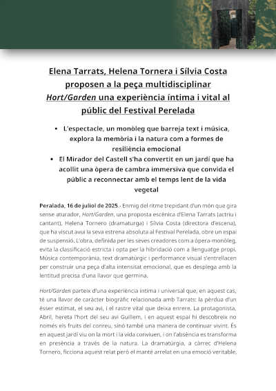 Elena Tarrats, Helena Tornera y Sílvia Costa proponen una experiencia íntima y vital con Hort/Garden en el Festival Perelada