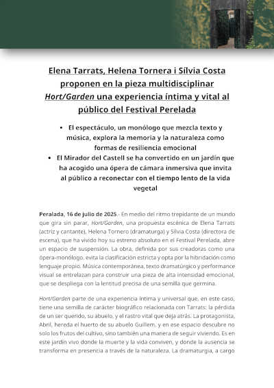 Elena Tarrats, Helena Tornera y Sílvia Costa proponen una experiencia íntima y vital con Hort/Garden en el Festival Perelada